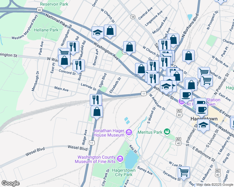 map of restaurants, bars, coffee shops, grocery stores, and more near 79 Madison Avenue in Hagerstown