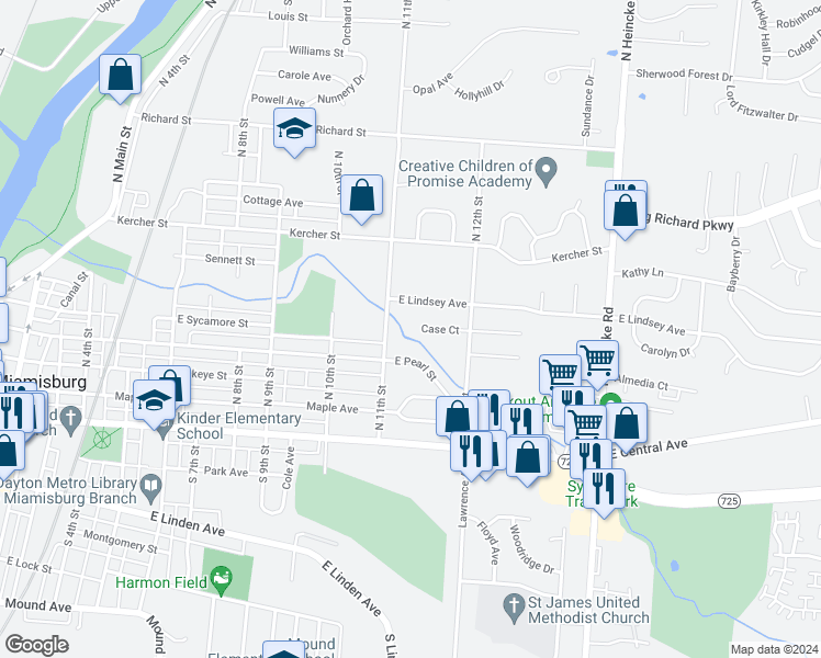 map of restaurants, bars, coffee shops, grocery stores, and more near 1124 Case Court in Miamisburg