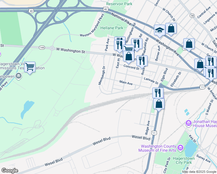 map of restaurants, bars, coffee shops, grocery stores, and more near 331 South Mont Valla Avenue in Hagerstown