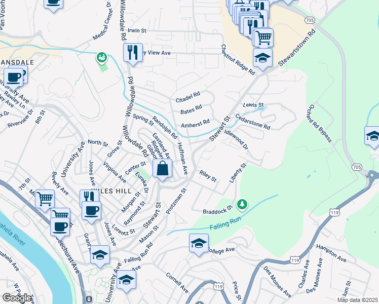 map of restaurants, bars, coffee shops, grocery stores, and more near 766 Meadowbrook Road in Morgantown