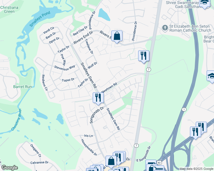 map of restaurants, bars, coffee shops, grocery stores, and more near 35 Victoria Boulevard in Newark
