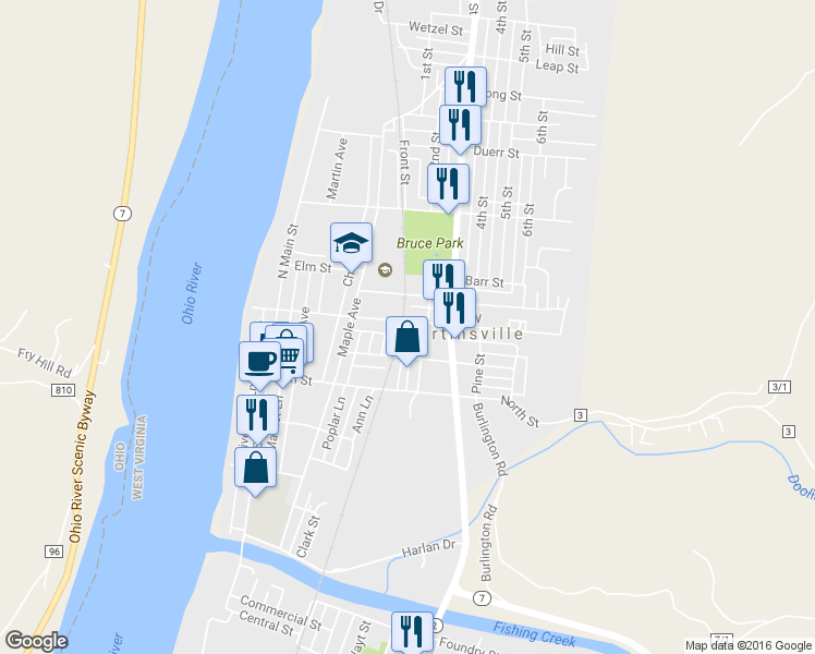 map of restaurants, bars, coffee shops, grocery stores, and more near 271 Virginia Street in New Martinsville