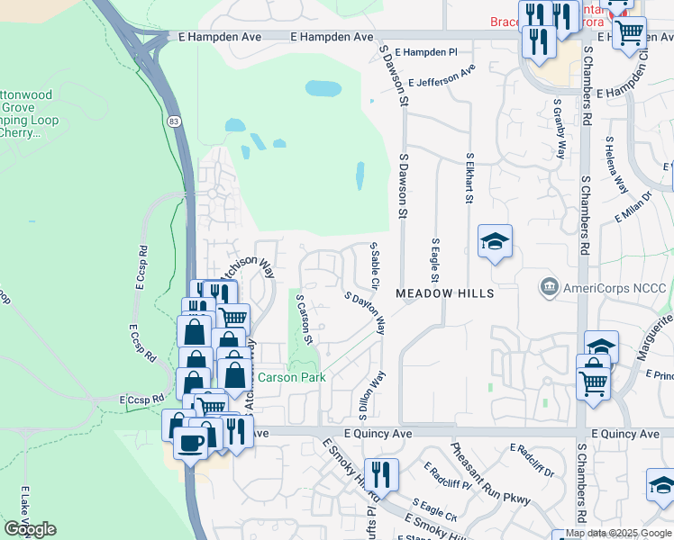 map of restaurants, bars, coffee shops, grocery stores, and more near 3963 South Sable Way in Aurora