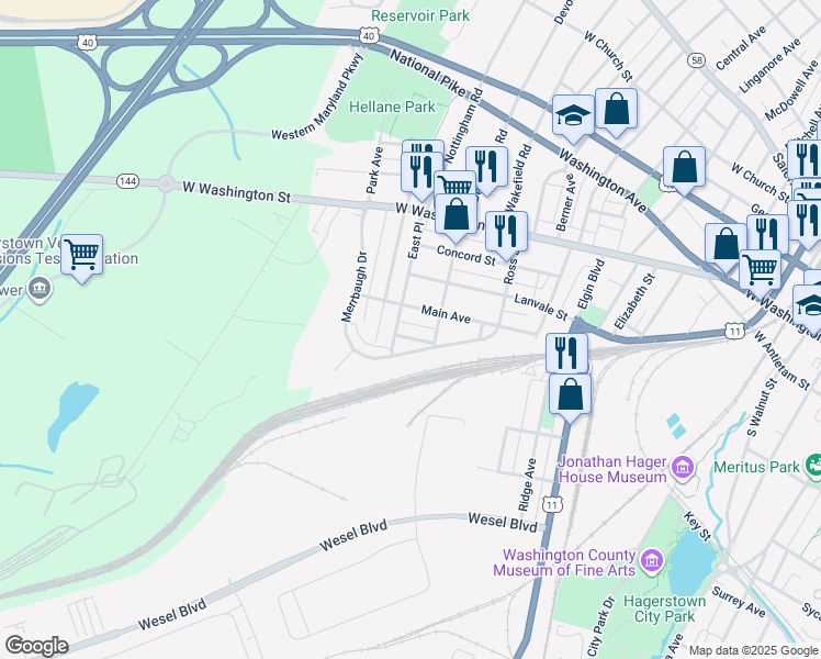 map of restaurants, bars, coffee shops, grocery stores, and more near 1024 Westport Drive in Hagerstown