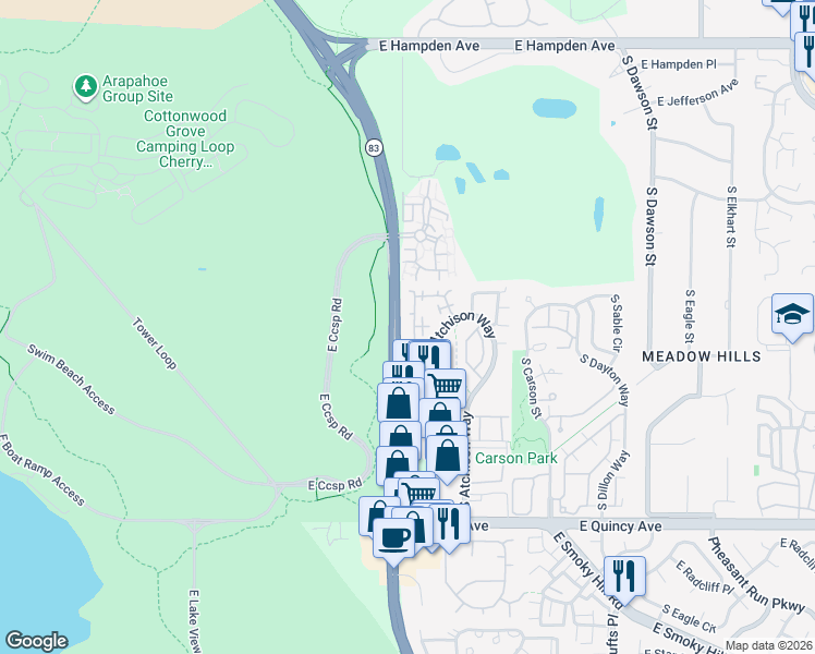 map of restaurants, bars, coffee shops, grocery stores, and more near 3860 South Atchison Way in Aurora