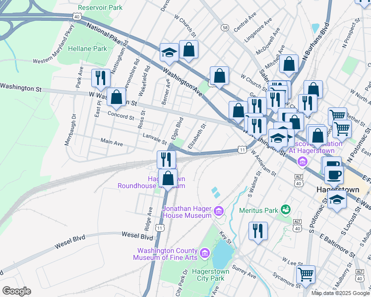 map of restaurants, bars, coffee shops, grocery stores, and more near 111 Elizabeth Street in Hagerstown