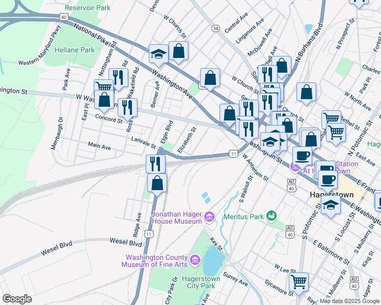 map of restaurants, bars, coffee shops, grocery stores, and more near 75 Madison Avenue in Hagerstown