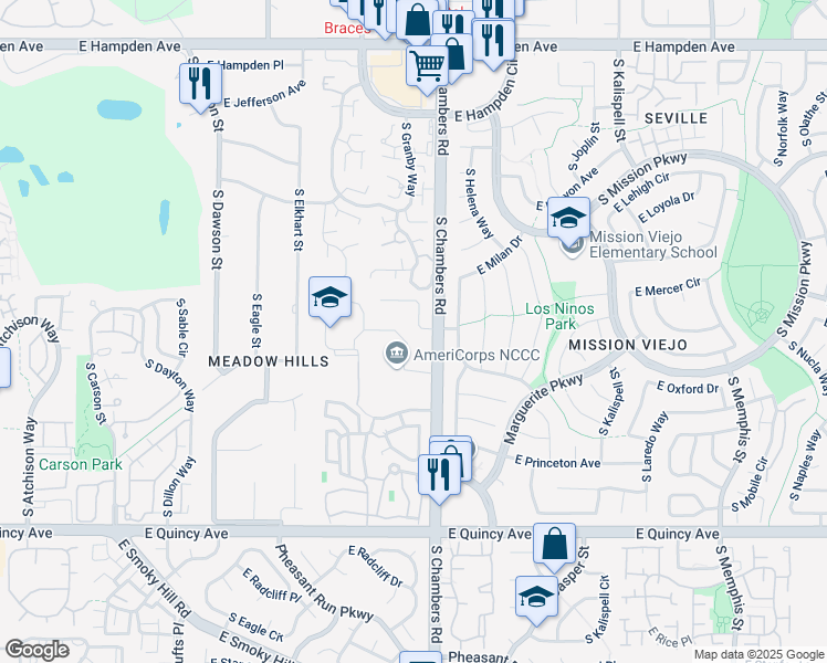 map of restaurants, bars, coffee shops, grocery stores, and more near 15260 East Nassau Avenue in Aurora