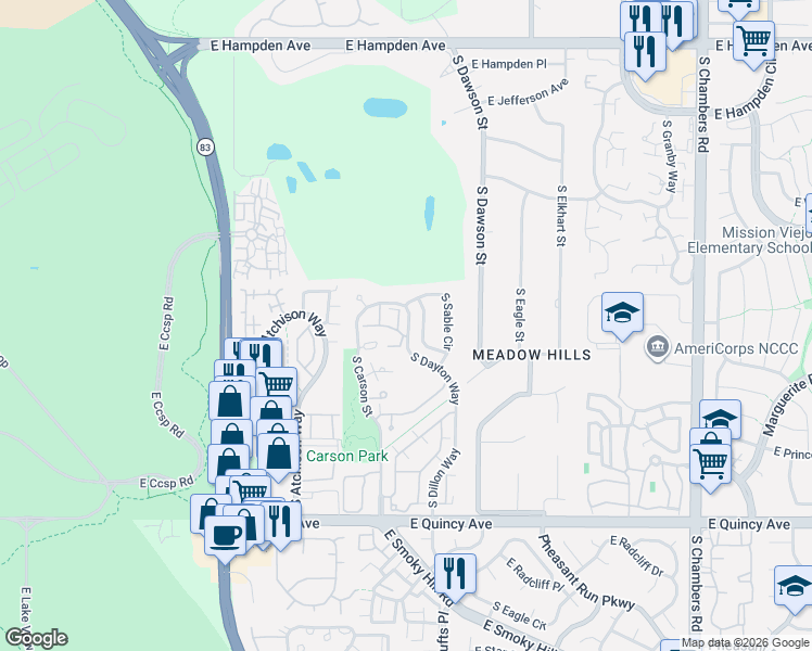 map of restaurants, bars, coffee shops, grocery stores, and more near 3963 South Sable Way in Aurora