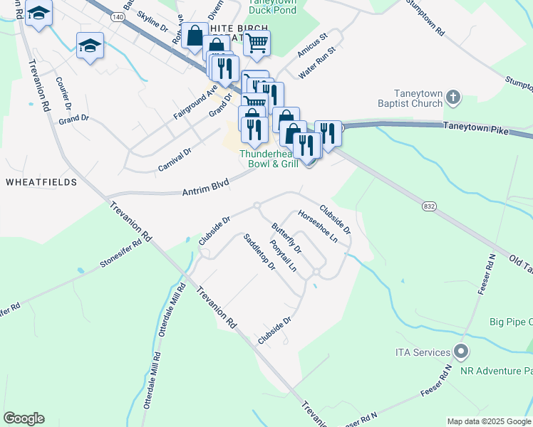 map of restaurants, bars, coffee shops, grocery stores, and more near 102 Butterfly Drive in Taneytown