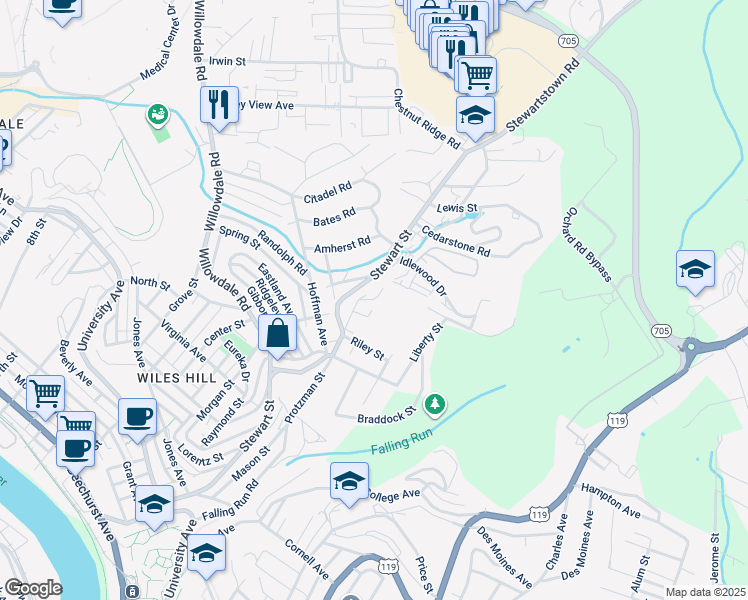 map of restaurants, bars, coffee shops, grocery stores, and more near 880 Stewart Street in Morgantown
