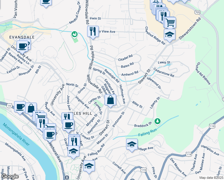 map of restaurants, bars, coffee shops, grocery stores, and more near 280 Eastland Avenue in Morgantown