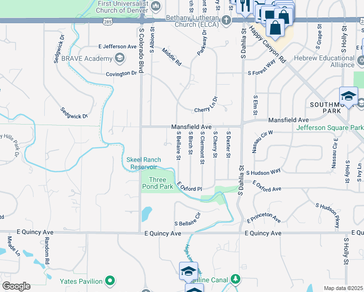 map of restaurants, bars, coffee shops, grocery stores, and more near 3960 South Bellaire Street in Englewood