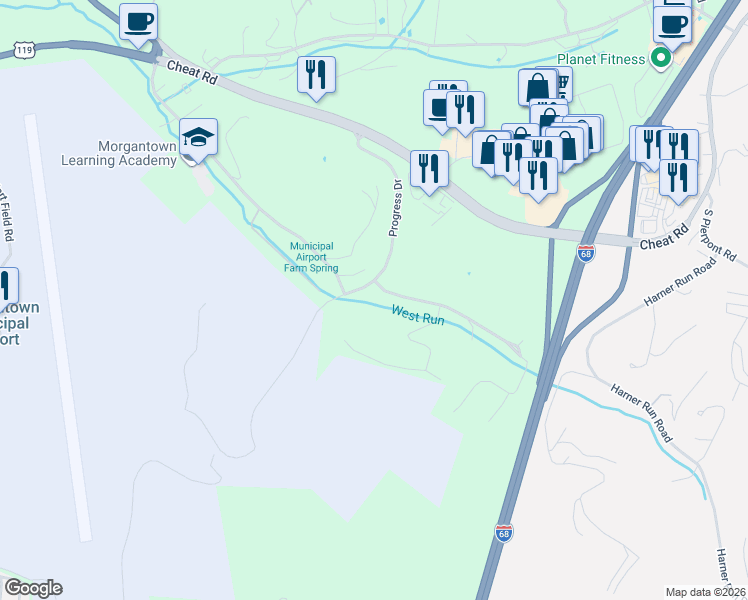 map of restaurants, bars, coffee shops, grocery stores, and more near 424 Easton Mill Road in Morgantown