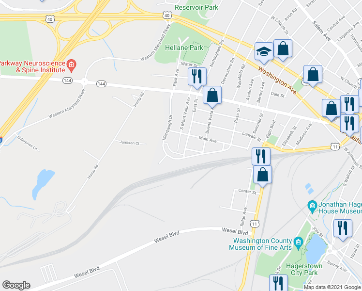 map of restaurants, bars, coffee shops, grocery stores, and more near 324 South Mont Valla Avenue in Hagerstown