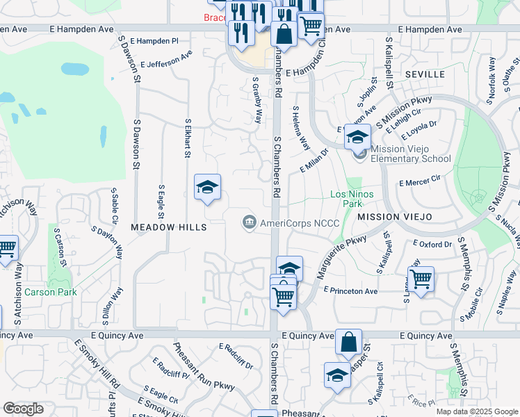 map of restaurants, bars, coffee shops, grocery stores, and more near 15260 East Nassau Avenue in Aurora
