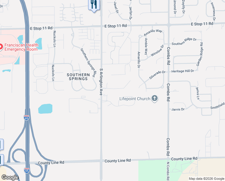 map of restaurants, bars, coffee shops, grocery stores, and more near 8531 South Arlington Avenue in Indianapolis