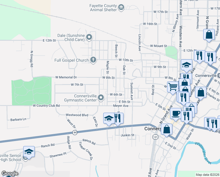 map of restaurants, bars, coffee shops, grocery stores, and more near 730 Maple Street in Connersville