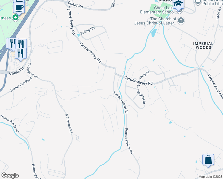 map of restaurants, bars, coffee shops, grocery stores, and more near 46 Pounds Hollow Road in Morgantown