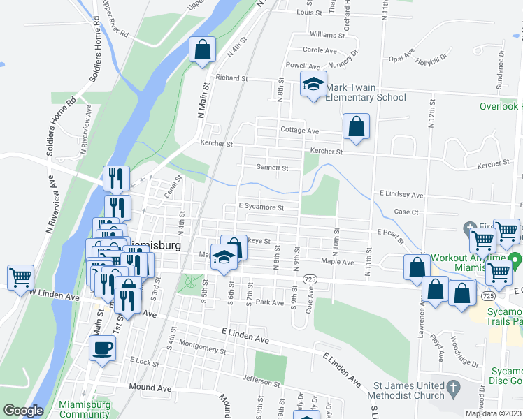 map of restaurants, bars, coffee shops, grocery stores, and more near 722 East Sycamore Street in Miamisburg