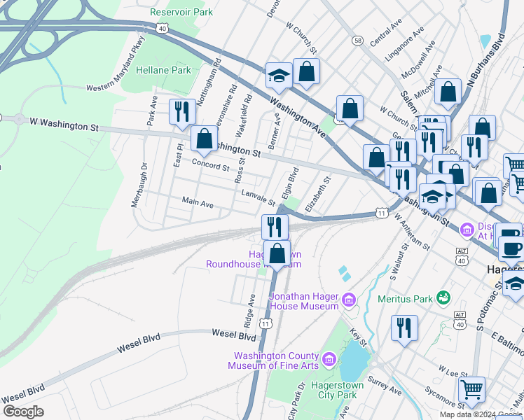map of restaurants, bars, coffee shops, grocery stores, and more near 218 Summer Street in Hagerstown