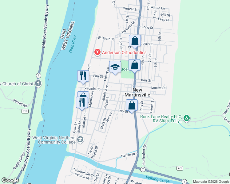 map of restaurants, bars, coffee shops, grocery stores, and more near 271 Virginia Street in New Martinsville