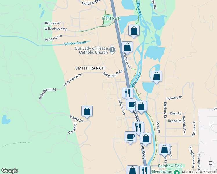 map of restaurants, bars, coffee shops, grocery stores, and more near 1291 Adams Avenue in Silverthorne