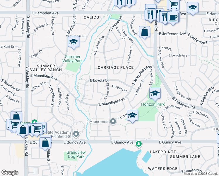 map of restaurants, bars, coffee shops, grocery stores, and more near 17909 East Loyola Place in Aurora