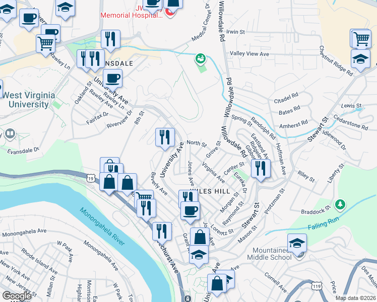 map of restaurants, bars, coffee shops, grocery stores, and more near 661 Jones Avenue in Morgantown