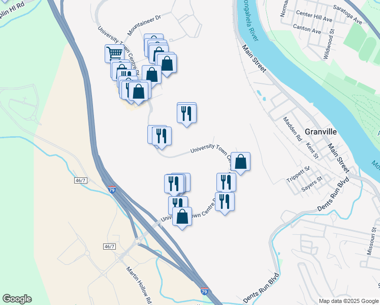map of restaurants, bars, coffee shops, grocery stores, and more near University Town Centre Drive in Granville