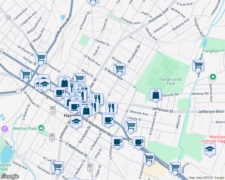 map of restaurants, bars, coffee shops, grocery stores, and more near 246 North Locust Street in Hagerstown