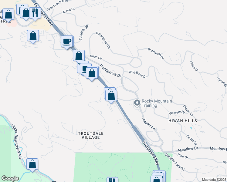 map of restaurants, bars, coffee shops, grocery stores, and more near 3959 Ponderosa Lane in Evergreen