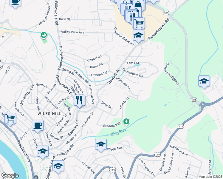 map of restaurants, bars, coffee shops, grocery stores, and more near 200 Stewart Lane in Morgantown