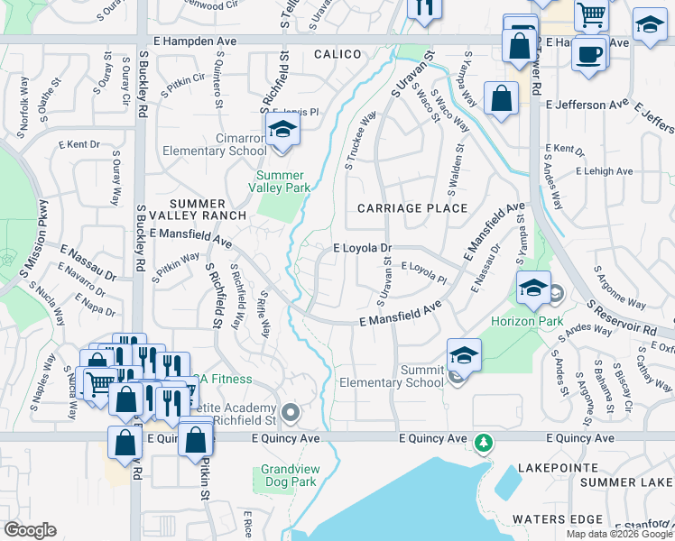 map of restaurants, bars, coffee shops, grocery stores, and more near 17674 East Loyola Drive in Aurora
