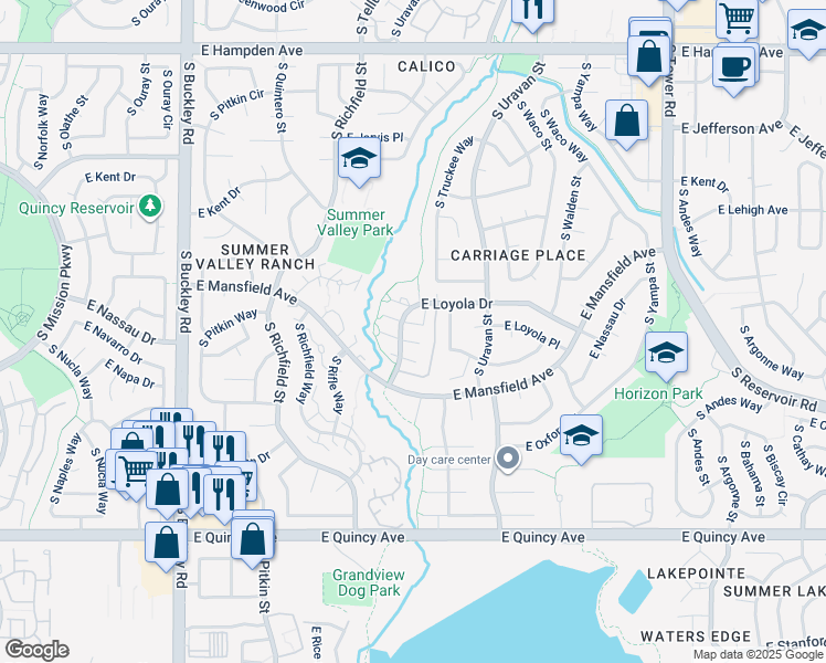 map of restaurants, bars, coffee shops, grocery stores, and more near 17674 East Loyola Drive in Aurora
