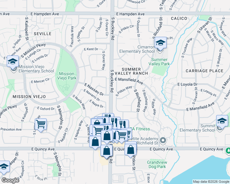 map of restaurants, bars, coffee shops, grocery stores, and more near 16841 East Mansfield Circle in Aurora