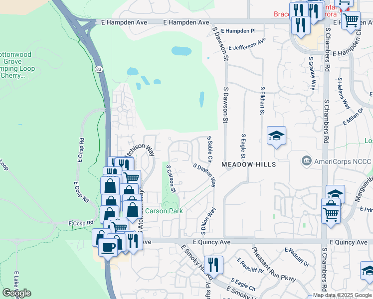 map of restaurants, bars, coffee shops, grocery stores, and more near 3963 South Sable Way in Aurora