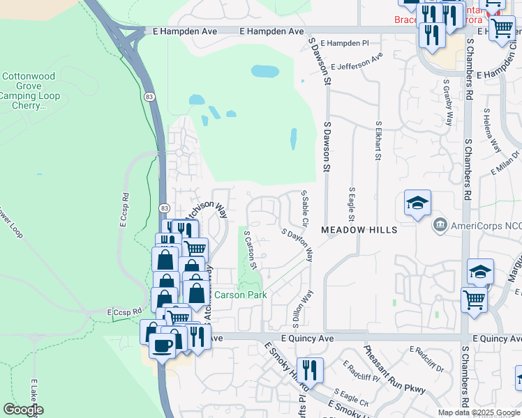 map of restaurants, bars, coffee shops, grocery stores, and more near 3952 South Carson Street in Aurora