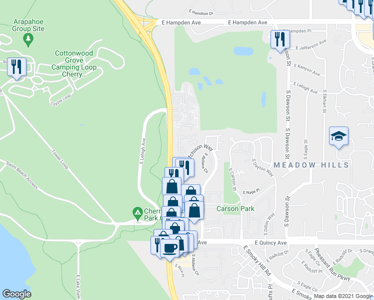 map of restaurants, bars, coffee shops, grocery stores, and more near 3850a South Atchison Way in Aurora
