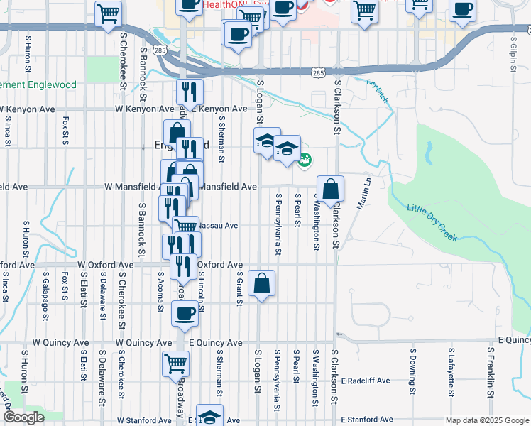 map of restaurants, bars, coffee shops, grocery stores, and more near 3935 South Pennsylvania Street in Englewood