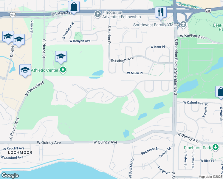 map of restaurants, bars, coffee shops, grocery stores, and more near 6035 West Mansfield Avenue in Denver