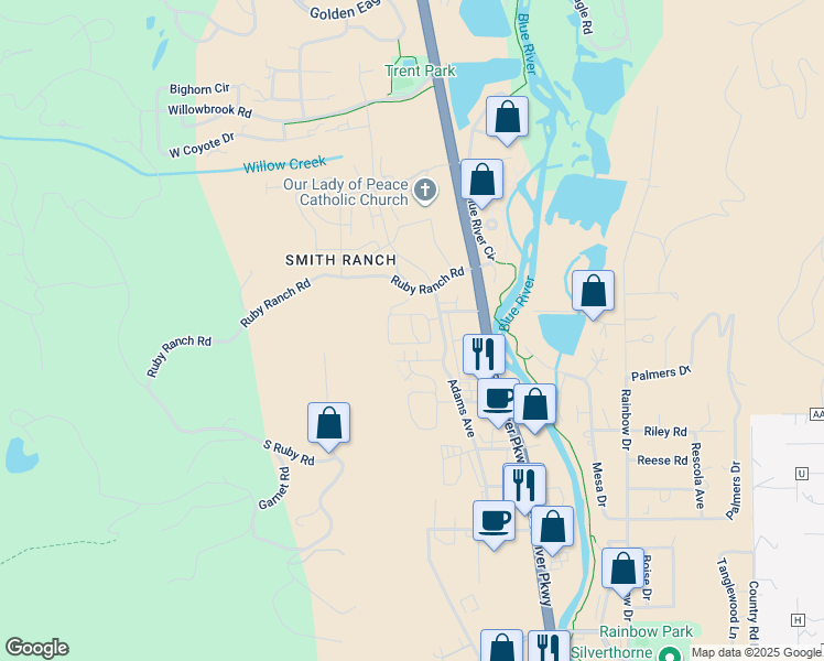 map of restaurants, bars, coffee shops, grocery stores, and more near 1291 Adams Avenue in Silverthorne