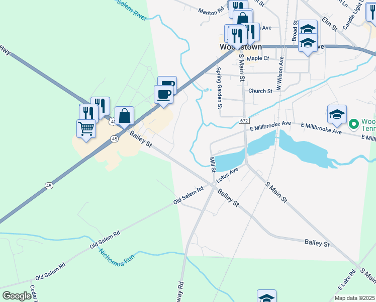map of restaurants, bars, coffee shops, grocery stores, and more near 1202 Hillcrest Drive in Woodstown