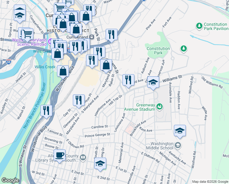 map of restaurants, bars, coffee shops, grocery stores, and more near 411 Sheridan Place in Cumberland