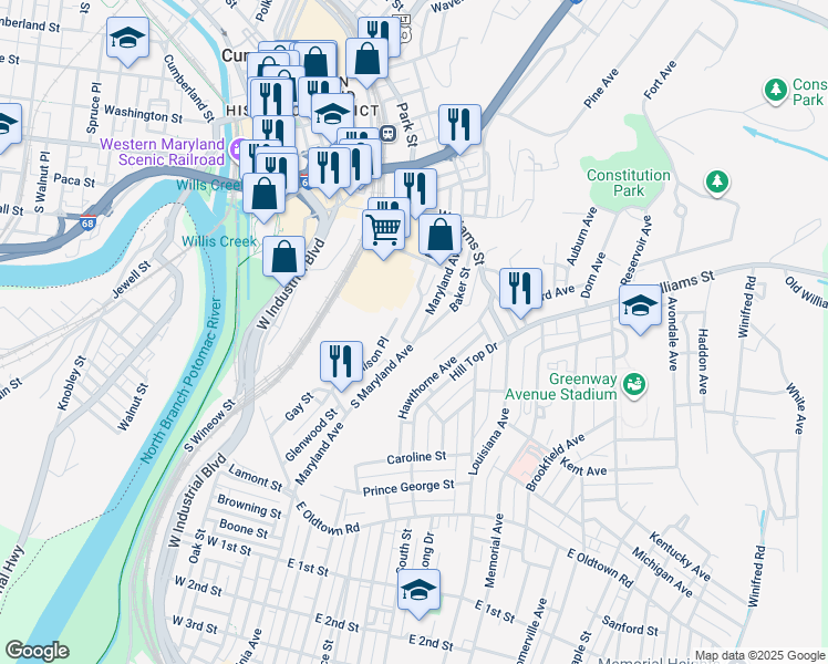 map of restaurants, bars, coffee shops, grocery stores, and more near 739 Park Street in Cumberland