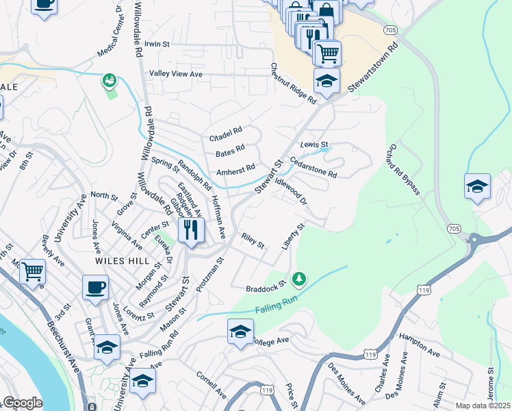 map of restaurants, bars, coffee shops, grocery stores, and more near 880 Stewart Street in Morgantown