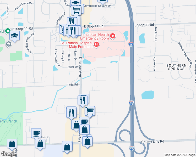 map of restaurants, bars, coffee shops, grocery stores, and more near 8410 Banyan Lane in Indianapolis