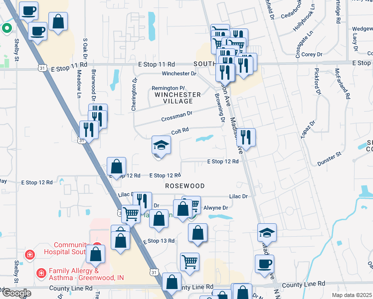 map of restaurants, bars, coffee shops, grocery stores, and more near 1900 East Stop 12 Road in Indianapolis