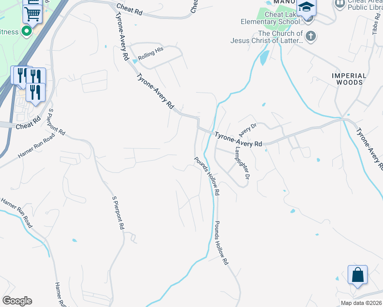 map of restaurants, bars, coffee shops, grocery stores, and more near 46 Pounds Hollow Road in Morgantown