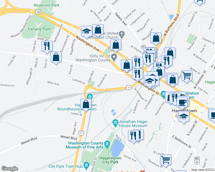 map of restaurants, bars, coffee shops, grocery stores, and more near 66 Madison Avenue in Hagerstown